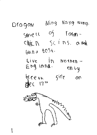 Dragon Ning Nang Nong: <BR> 
Smells of rotten chicken skins and burnt toast. <BR>
Lives in Northern England. <BR>
Only breathes fire on December 17th. 